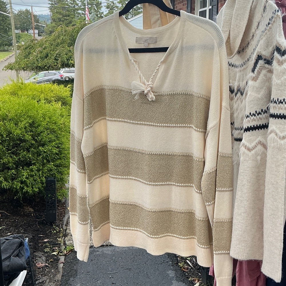LOFT Cream and Tan V-Neck Sweater